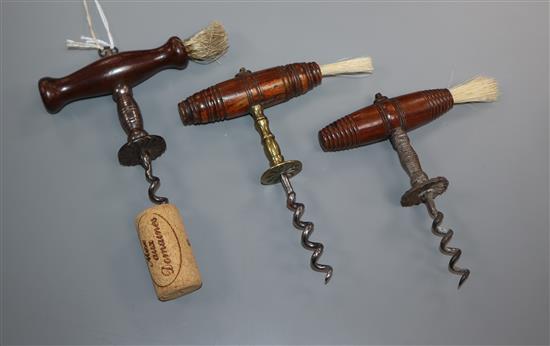 Three 19th century English Henshall type button wood handled corkscrews,